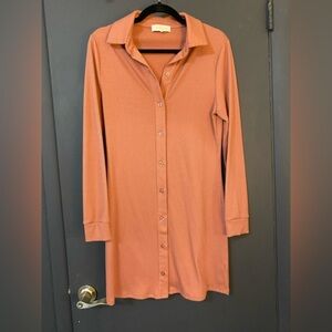 WAYF Coral Ribbed Button Up Dress